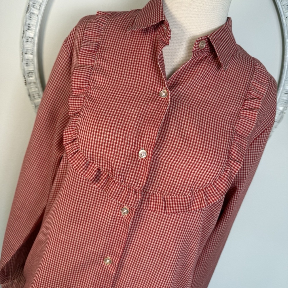Vtg Sears Red Gingham Shirt Button Down Ruffle Womens 16 Long Sleeve Cottagecore
